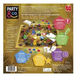 Achterkant van Party & Co Original bordspel met speluitleg en spelonderdelen