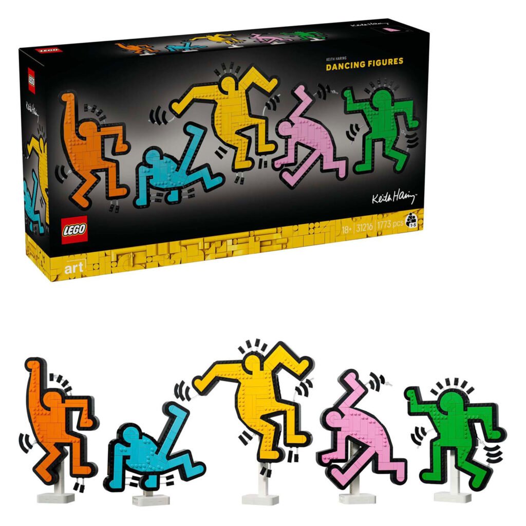 LEGO Art 31216 Keith Haring Dansende Figuren set verpakking in perspectief met vijf iconische dansfiguren op donkere achtergrond