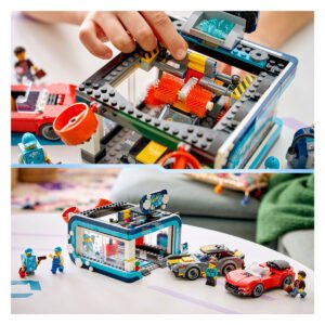 LEGO City 60497 autowasstraat met draaiende borstels en minifiguur in actie