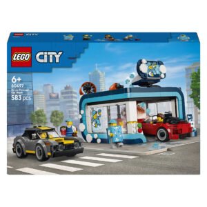 LEGO City 60497 drive-through car wash set met grijze en rode auto op doos vooraanzicht