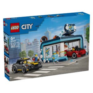 LEGO City carwash set met rode en zwarte sportauto en minifiguren op doos voorkant
