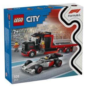 Voorzijde verpakking LEGO City F1 display truck en racewagen set op witte achtergrond