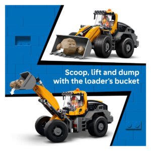 LEGO kiepwagen stort stenen op bouwplaats met minifiguur