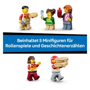 LEGO pizza bezorgers met pizzadozen en minifiguren close-up detail