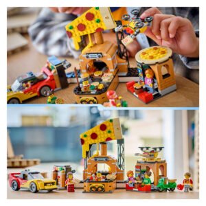 LEGO pizza restaurant speelscènes met pizzeria, scooter en bezorgauto’s