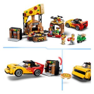 LEGO City pizza restaurant set met voertuigen en minifiguren in speels scenario