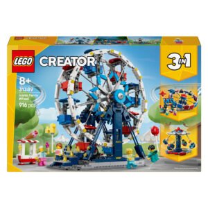 Compleet LEGO reuzenrad met minifiguren en pretpark sfeer op verpakking
