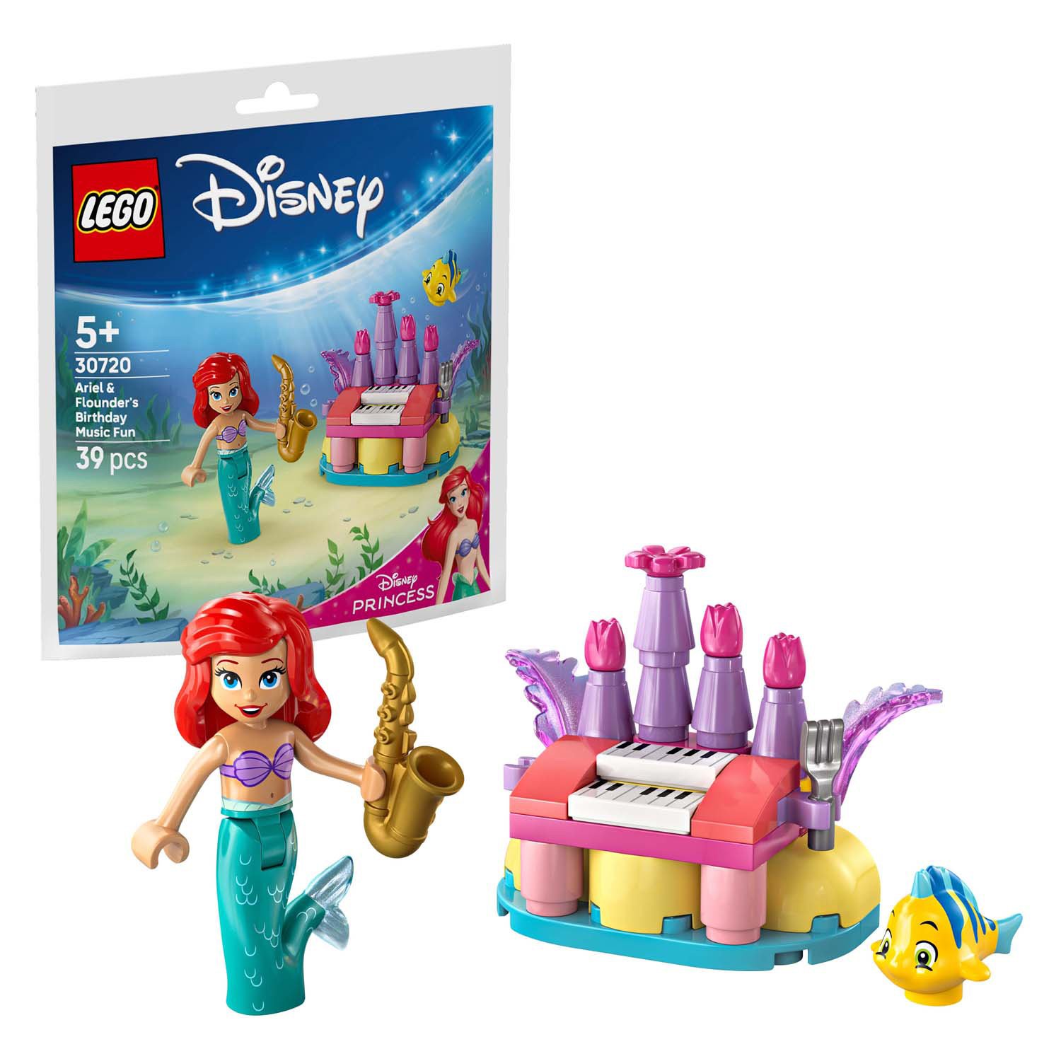 lego-disney-ariel-minifiguur-piano-flounder-speelset-wit LEGO Disney 30720 Disney Princess - Verjaardagsmuziek van Ariel en Botje minifiguur met piano en Flounder speelset op witte achtergrond