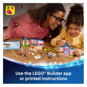 Moeder en dochter bouwen LEGO Disney Cinderella kasteel met behulp van LEGO Builder app op tablet