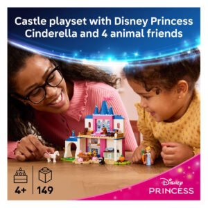 LEGO Disney Cinderella kasteel speelset met kind en ouder die samen bouwen met dierenfiguren