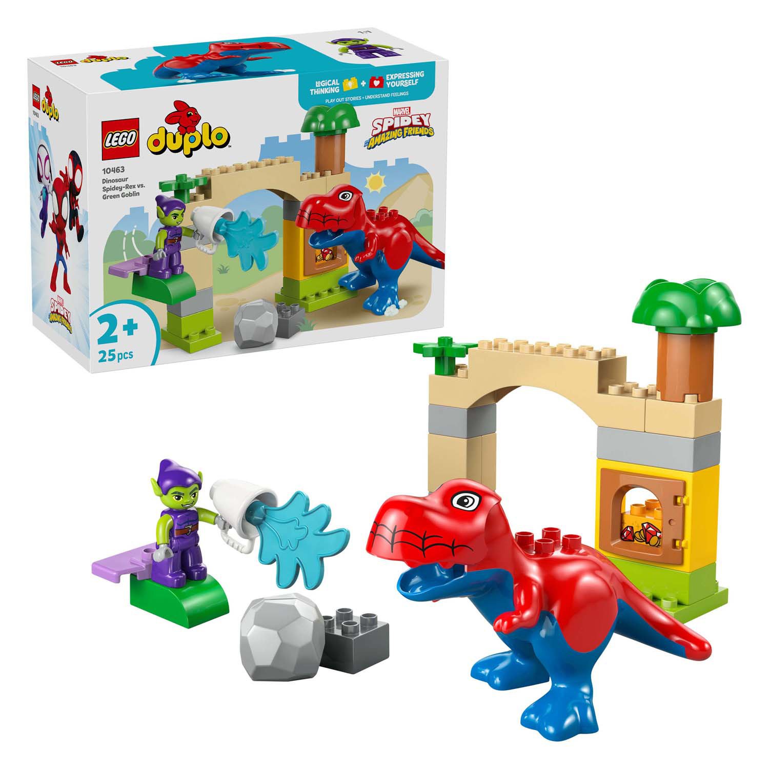 lego-duplo-dinosaurus-spidey-rex-vs-green-goblin-10463-verpakking-en-inhoud LEGO DUPLO 10463 Dinosaurus Spidey-Rex vs. Green Goblin 10463 met verpakking en inhoud