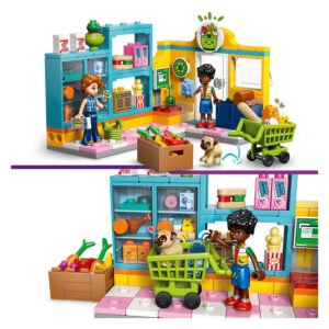 LEGO Friends buurtsupermarkt met schappen, winkelwagen en boodschappen