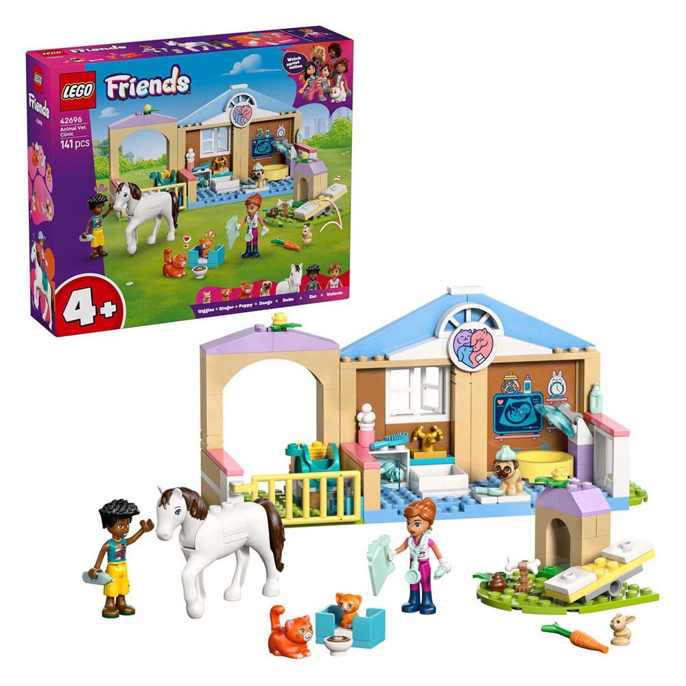 LEGO Friends 42696 Huisdierenkliniek verpakking naast opgebouwde speelset