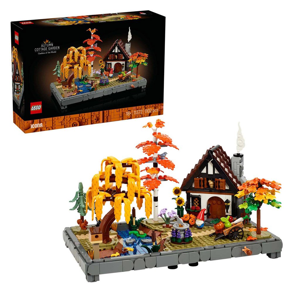 LEGO Icons 11372 Herfsttuin met Cottage set naast de originele verpakking