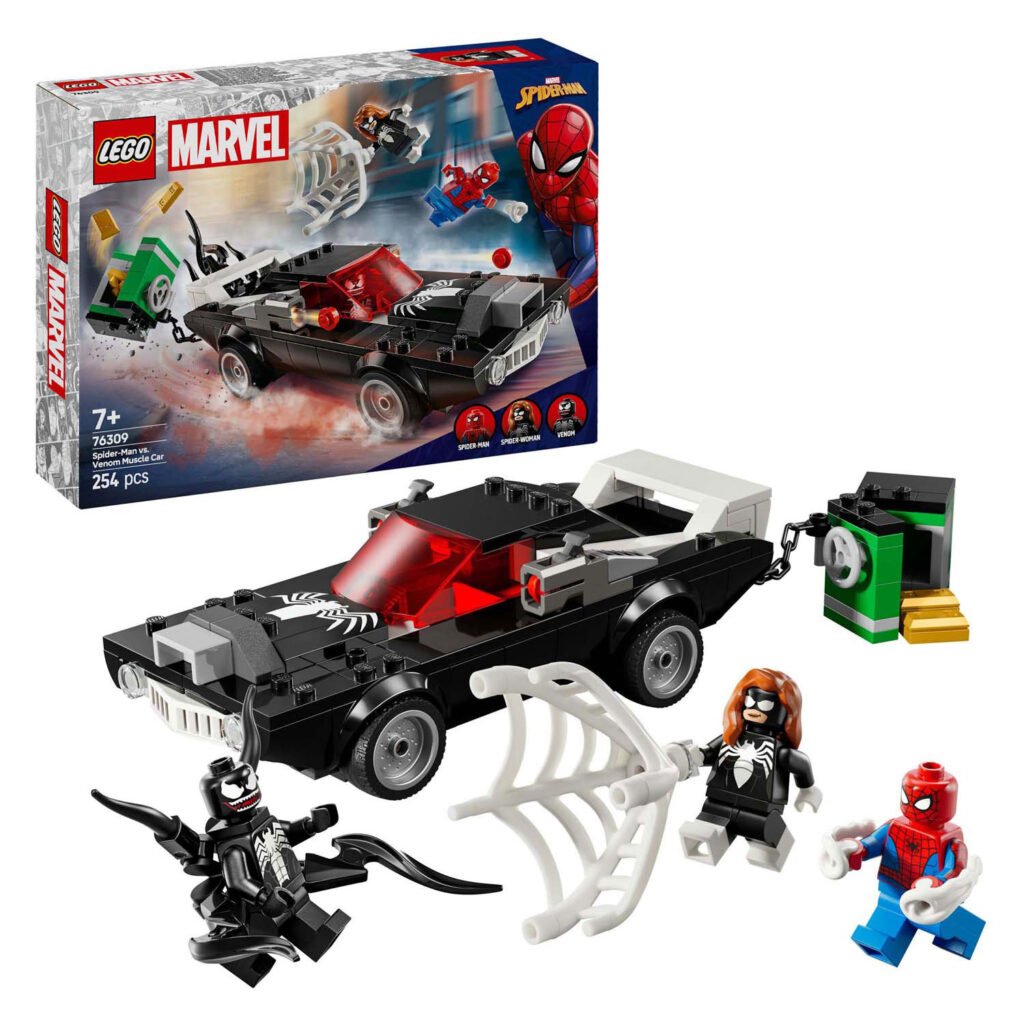 LEGO Marvel 76309 Spider-Man vs. Venoms klassieke auto met minifiguren, accessoires en doos