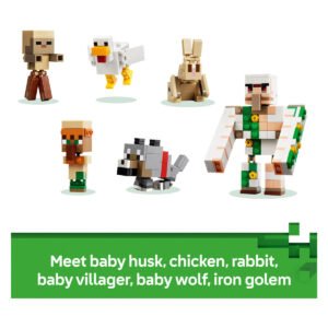 Minecraft figuren uit LEGO 21592 met Iron Golem, wolf en kip