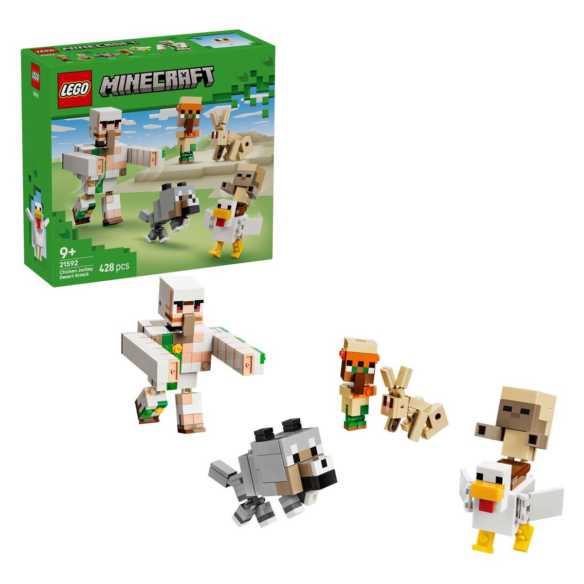 lego-minecraft-kipberijder-woestijnaanval-set-met-doos LEGO Minecraft 21592 Kipberijder Woestijnaanval met verpakking en figuren