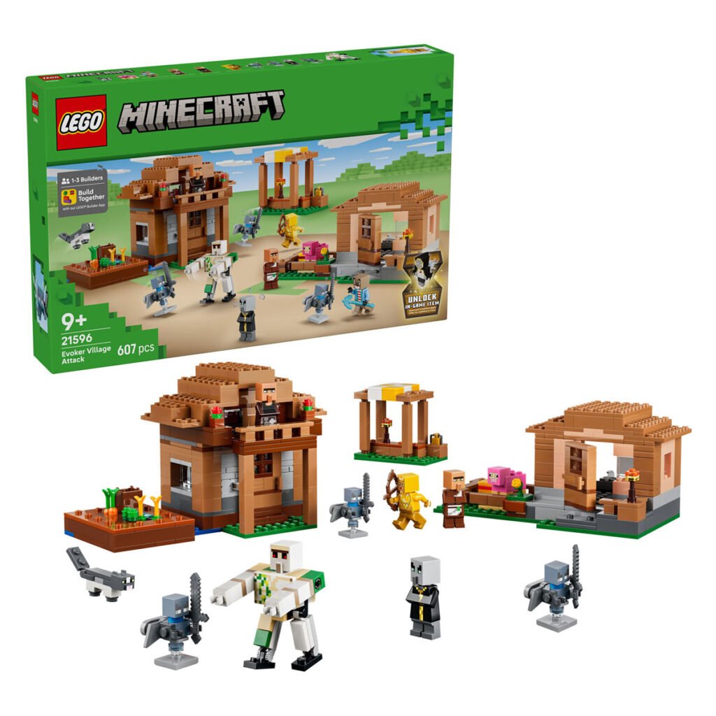 Overzicht van LEGO Minecraft 21596 Oproeper Dorpsaanval met accessoires en doos