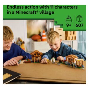 Kinderen spelen met LEGO Minecraft Oproeper Dorpsaanval 21596 bouwset