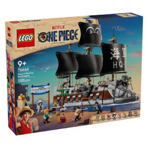 LEGO One Piece Garp slagschip set met zwarte zeilen op doos voorkant