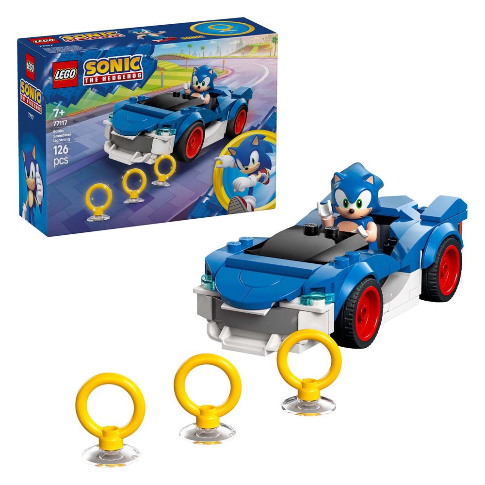 LEGO Sonic The Hedgehog 77117 Sonic's Auto: Speed Star Lightning bouwset met verpakking en gouden ringen