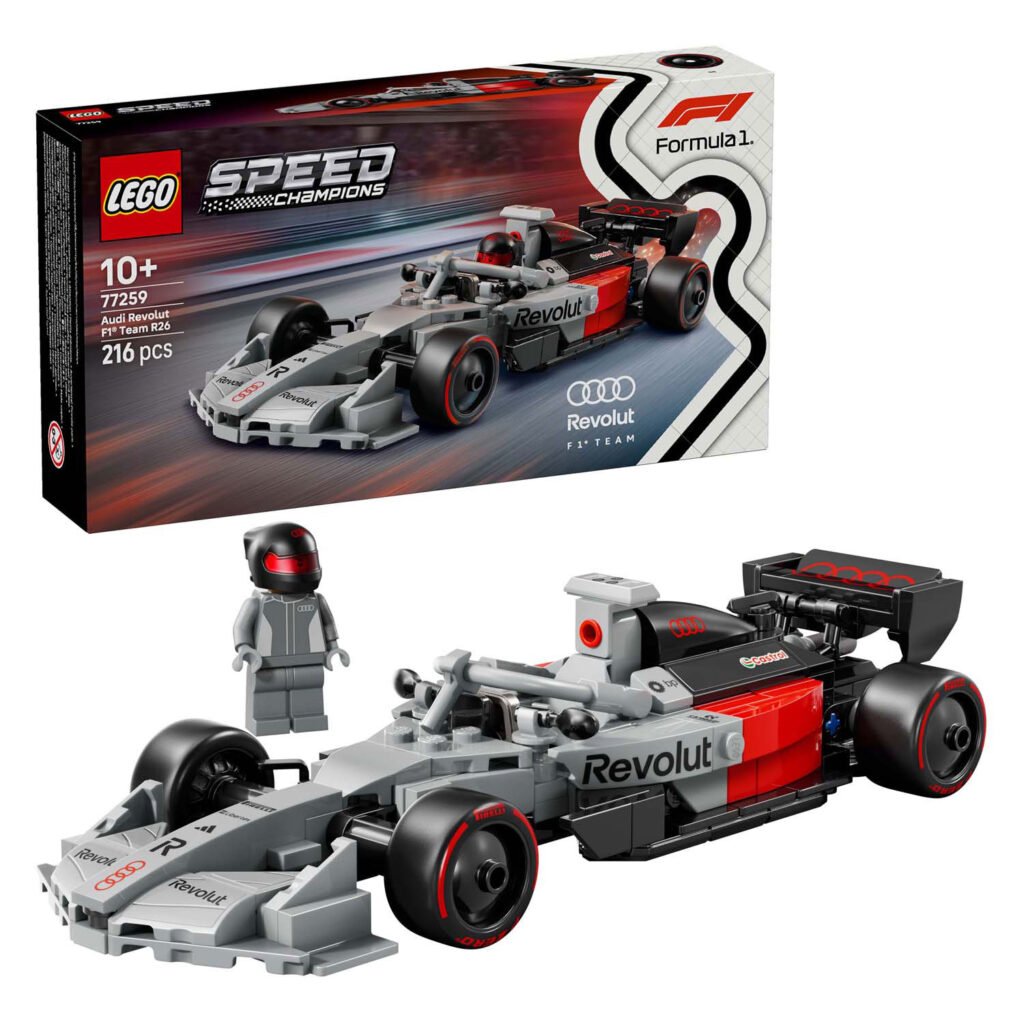 LEGO Speed Champions 77259 Audi Revolut F1 Team R26 Racewagen en verpakking samen