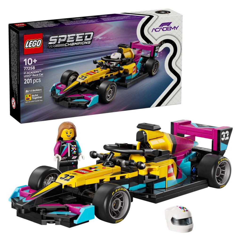 LEGO Speed Champions 77258 F1 Academy racewagen met minifiguur, helm en verpakking
