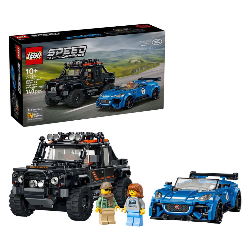 LEGO Speed Champions 77264 Jaguar Project 7 en Land Rover Defender voertuigen met minifiguren en doos