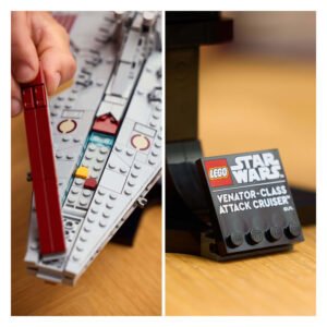 Close-up van LEGO Venator Class Attack Cruiser details en naamplaatje