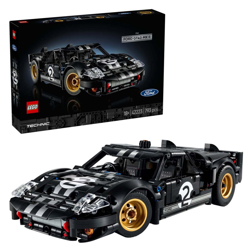 LEGO Technic 42223 1966 Ford GT40 MKII Racewagen model naast de originele verpakking
