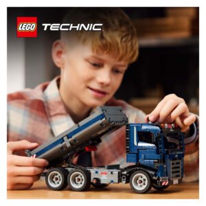 Jonge bouwer gebruikt LEGO Technic kiepwagen