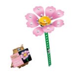 Bouwbare metalen cosmos bloem met roze bloemblaadjes en groene steel Metalen Bouwset Roze Bloem
