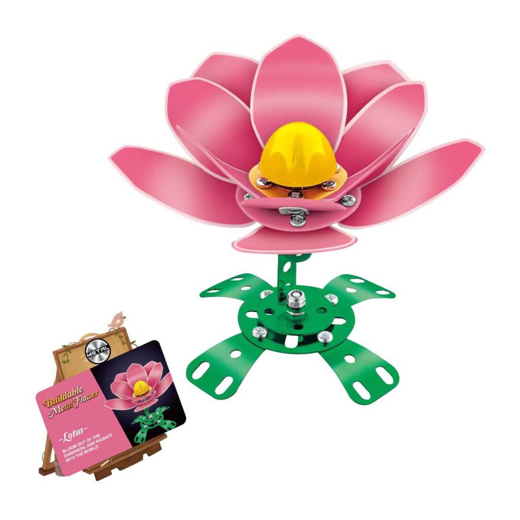 Metalen lotusbloem bouwpakket in roze met groene bladeren Metalen Constructieset Roze Klaproos