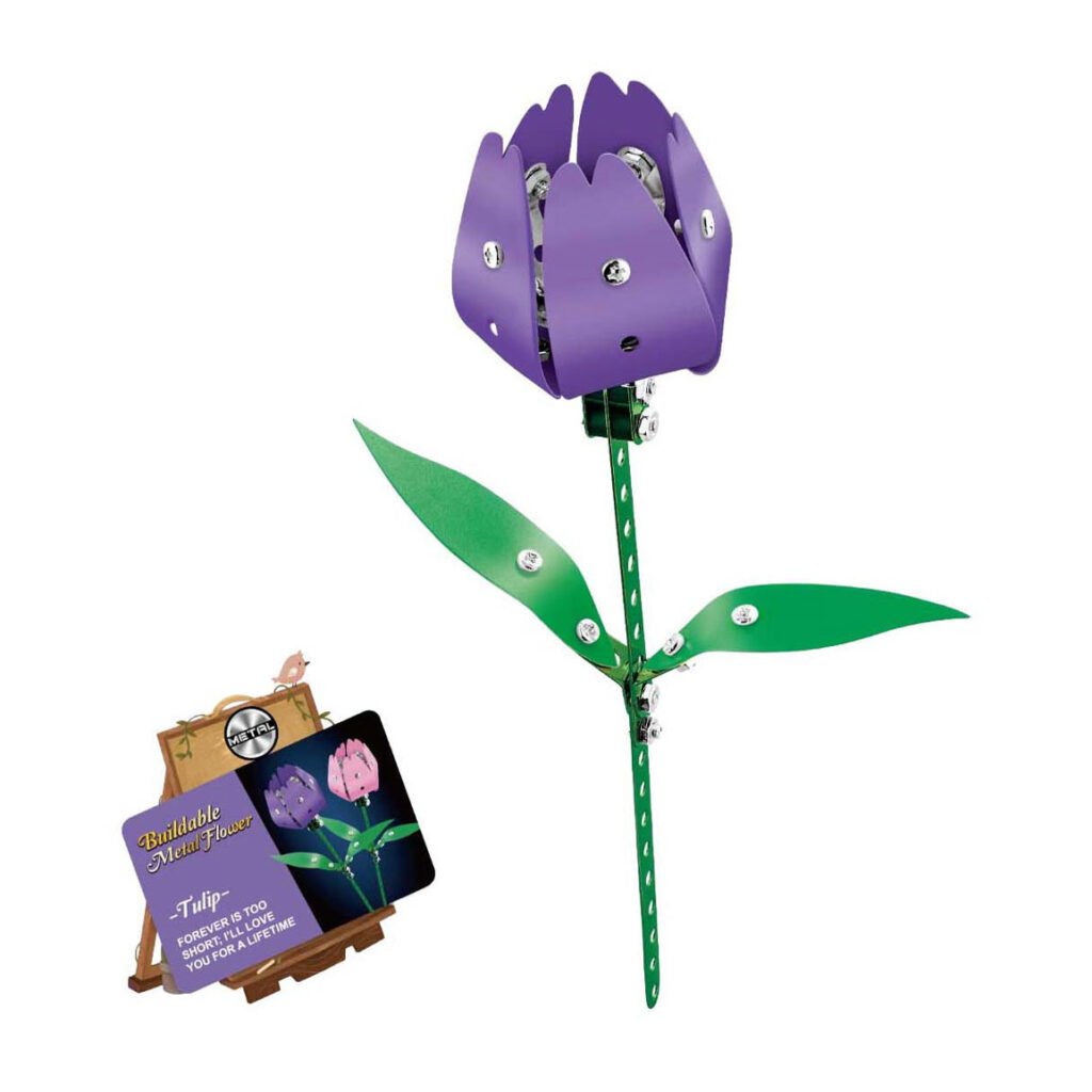 Metalen paarse tulp bouwpakket met groene steel en bladeren Metalen Bouwset Tulp