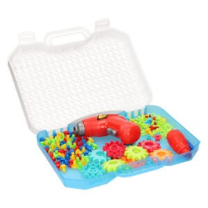 Geopende Magic Plate bouwkoffer met tandwielen, schroeven en speelgoedboormachine