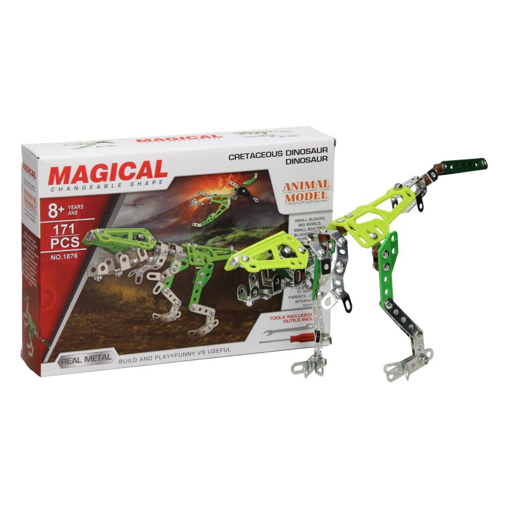 Metalen dinosaurus bouwset met verpakking en gemonteerd model Constructieset Metaal Dino