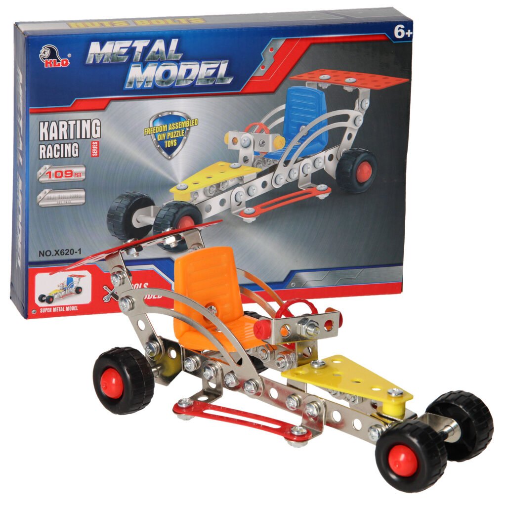 Metalen kart bouwpakket met 109 onderdelen en verpakking Constructie Metaal Raceauto