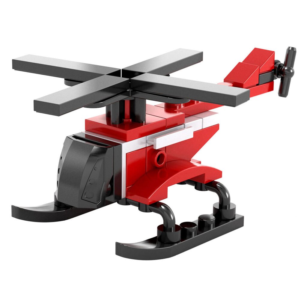 Mini bouwstenen brandweerhelikopter in rood en zwart Bouwset Brandweerhelikopter