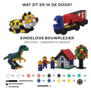 Inhoud van Nano Clics Creative Builders bouwset met voorbeeldmodellen en onderdelen