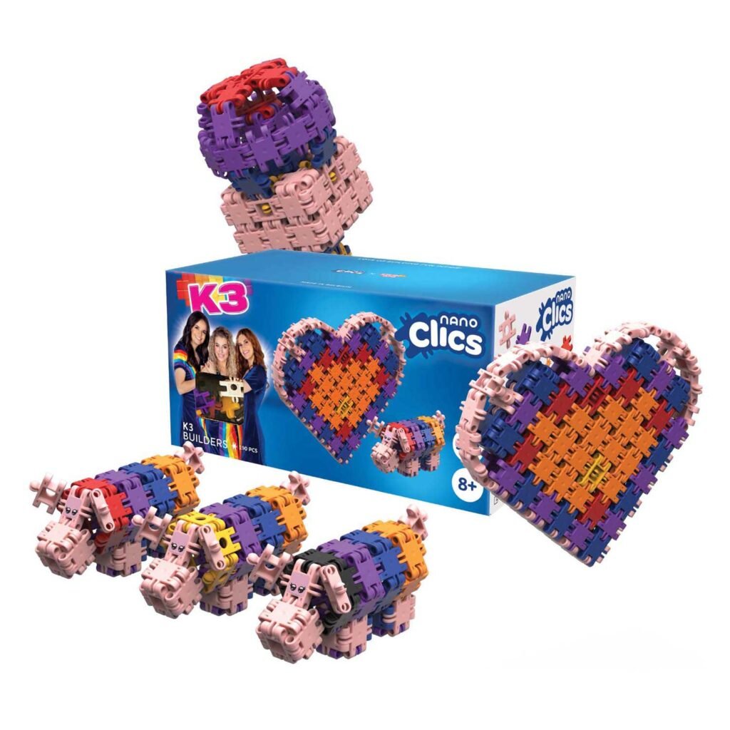 K3 Nano Clics bouwdoos met bouwstenen en voorbeelden van 3D creaties Nano Clics - K3 Builders Bouwset