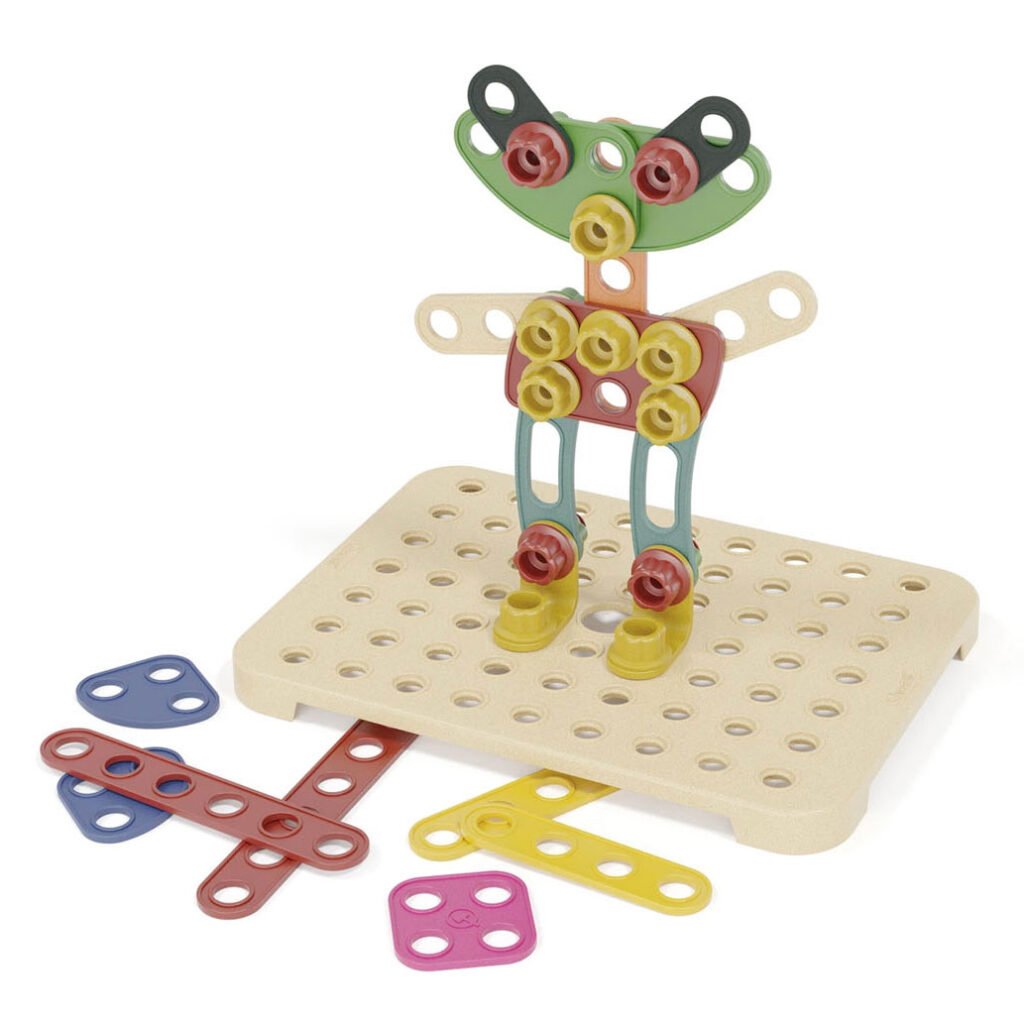 Quercetti PlayBio Tecno Jumbo opgebouwd figuur op bouwplaat met bioplastic onderdelen Quercetti PlayBio Tecno Jumbo