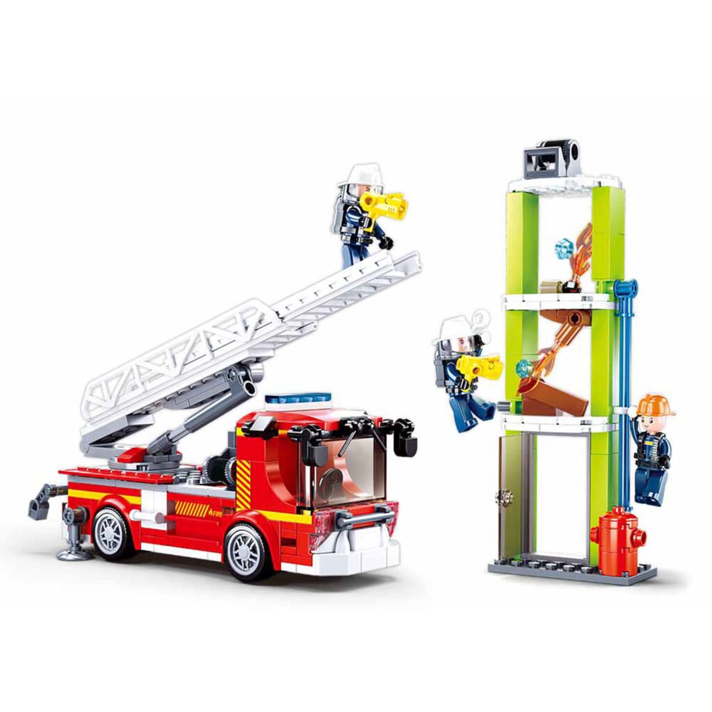 Sluban brandweer ladderwagen redt minifiguren uit brandend gebouw Sluban Brandweer Ladderwagen Oefening