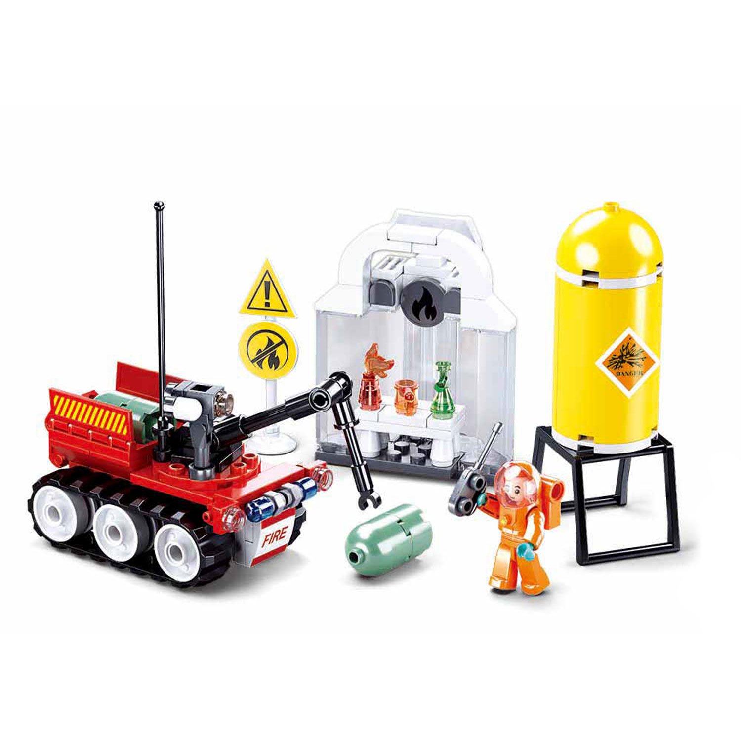 sluban-fire-rupsvoertuig-chemische-opslag-brandwee Sluban Fire rupsvoertuig met chemische opslag en brandweer minifiguur Sluban Brandweer Robot Oefening