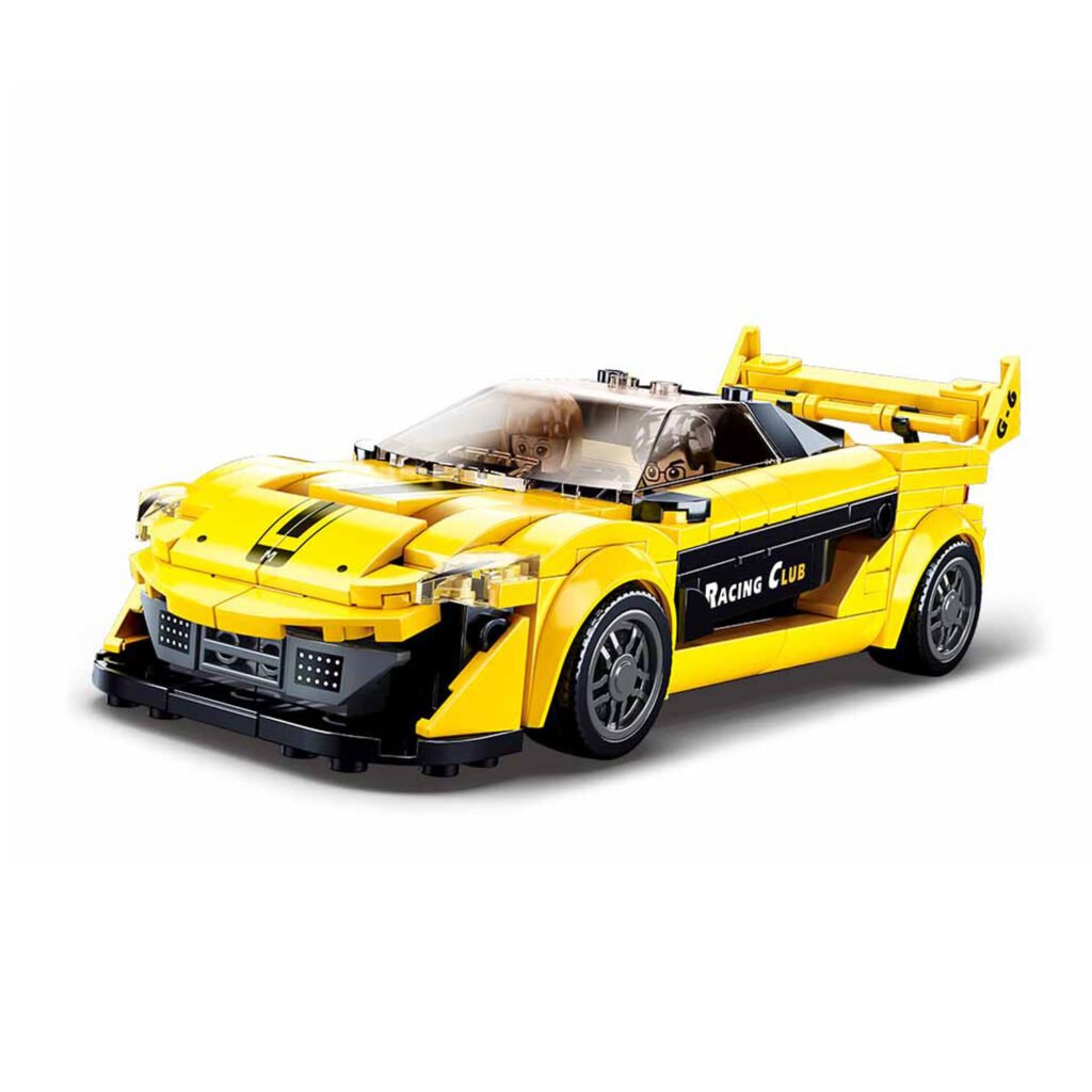 Gele bouwstenen sportwagen vooraanzicht met twee minifiguren Sluban Engelse Supercar Geel