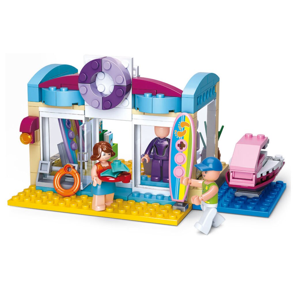 Sluban Girls Dream surfwinkel bouwset met surfplank, jetski en minifiguren Sluban Watersportwinkel