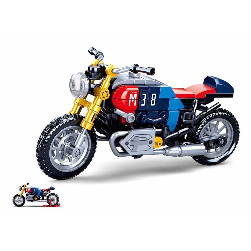 Sluban ModelBricks M38 café racer motor bouwpakket schuin vooraanzicht Sluban Racer Motor