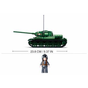 Sluban T34-85 tank bouwset met afmetingen en minifiguur