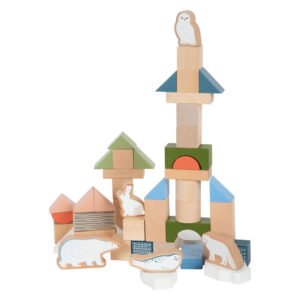 Stacked wooden building blocks forming castle with animal figures