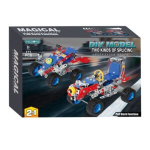 Verpakking van 2-in-1 metalen bouwset met racewagen en kart