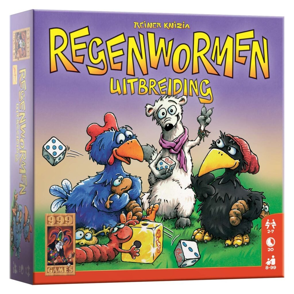 Regenwormen Uitbreiding bordspel van Reiner Knizia met kleurrijke dierenillustraties op de speldoos. 999 Games Regenwormen Uitbreiding